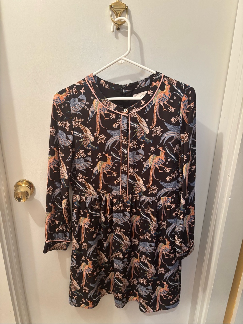 LOFT Black Long-Sleeve Dress with Peach and Blue Bird Print